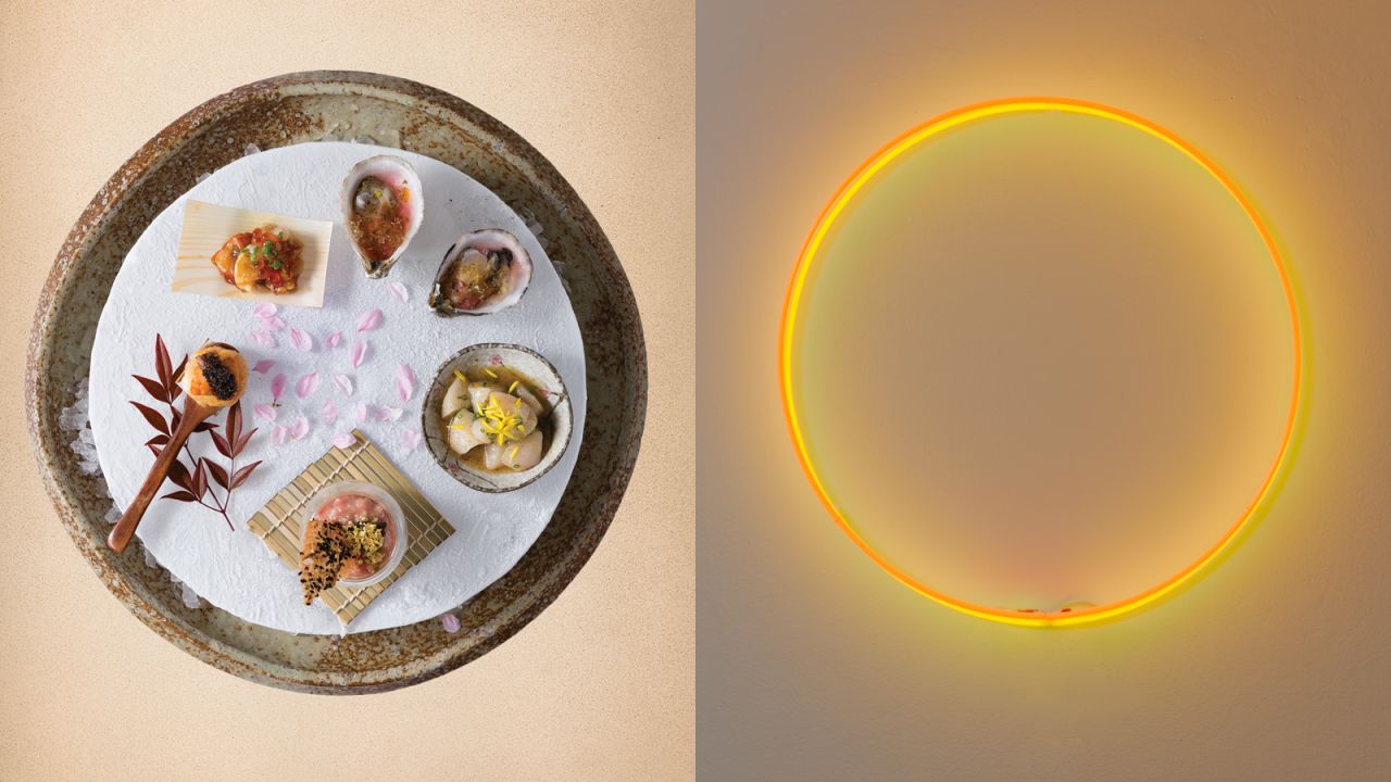 Perry Fuller, executive chef of Zuma restaurant, plays with the edge of the plate to echo the Laurent Grasso's 2012 "Eclipse.<br />Special menu is available until March 31.<br /><a href="http://www.zumarestaurant.com/zuma-landing/hong-kong/en/welcome" target="_blank" target="_blank"><em>Zuma</em></a><em>, level 5-6, 15 Queen's Road, Central, Hong Kong</em>