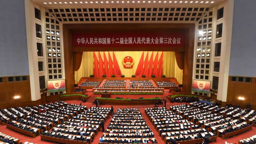 A general view shows the third session of the 12th National People's Congress at the Great Hall of the People in Beijing on March 8, 2015.