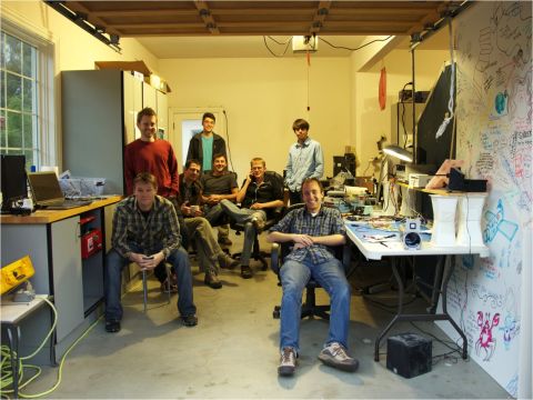 An image of the Planet Labs team in the Cupertino, CA, garage where they started out their business.