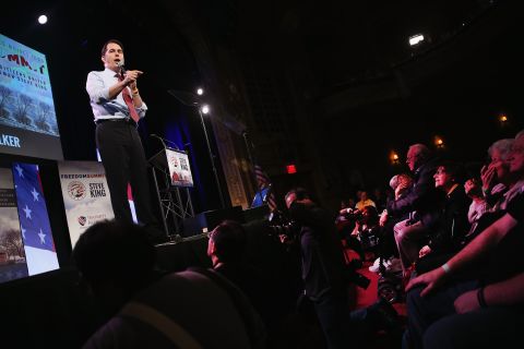 Walker speaks to guests at the Iowa Freedom Summit on January 24, 2015, in Des Moines, Iowa.