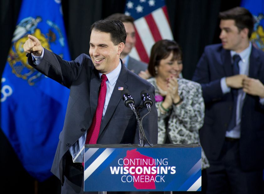 Walker speaks at his election night party November 4, 2014, in West Allis, Wisconsin. Walker defeated the Democratic challenger Mary Burke.