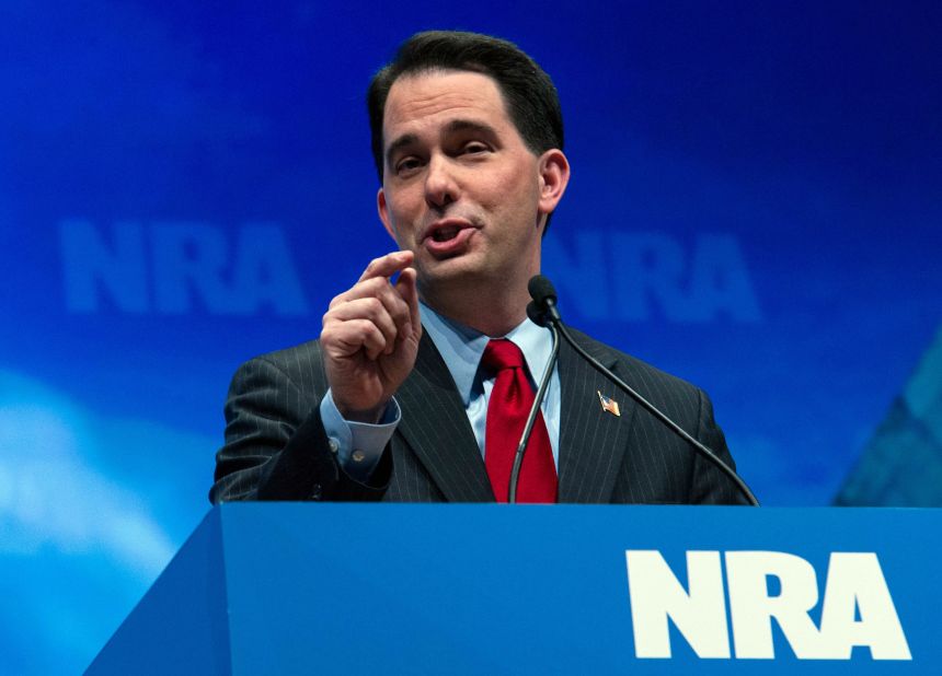 Walker addresses the National Rifle Association Leadership Forum April 13, 2012, in St. Louis, Missouri.