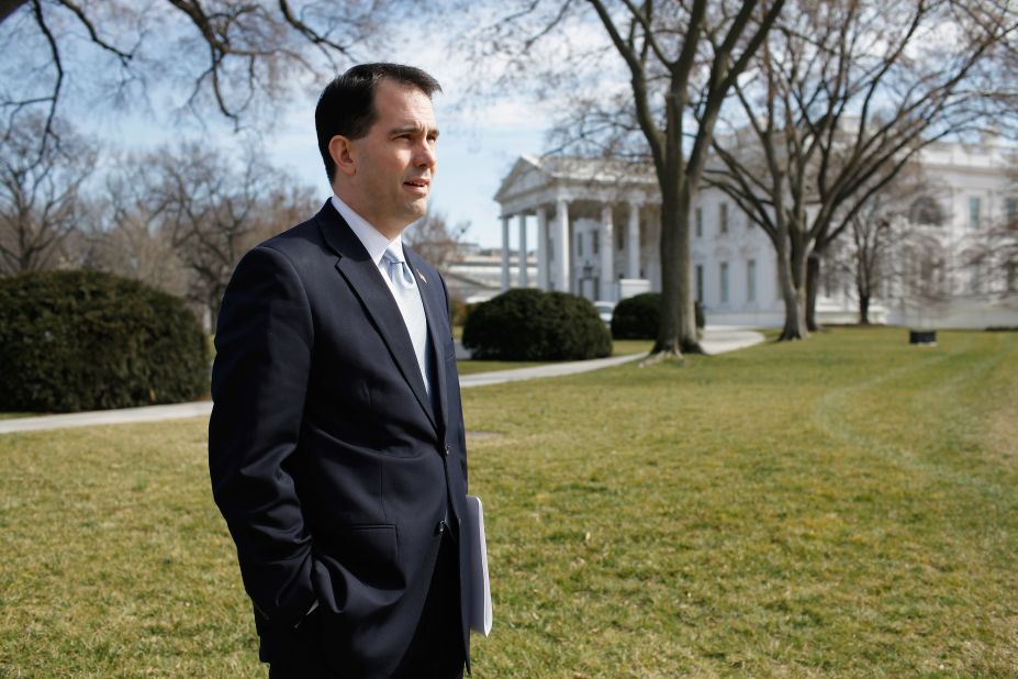 Walker stands on the North Lawn of the White House before making remarks to the news media after a meeting of the National Governors Association with President Barack Obama on February 27, 2012.