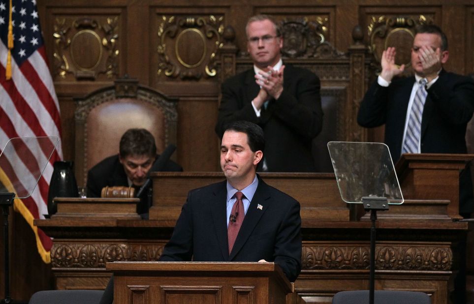 Walker delivers his budget address to a joint session of the legislature at the capitol March 1, 2011 in Madison, Wisconsin. 