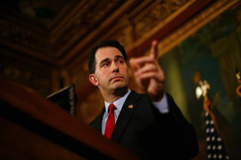 Walker speaks at a news conference inside the Wisconsin State Capitol February 21, 2011, in Madison, Wisconsin.