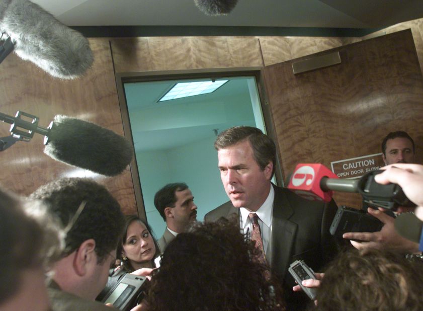 Bush speaks to reporters after meeting with the Florida State Cabinet at the Florida State Capitol Building November 16, 2000, in Tallahassee, Florida. 