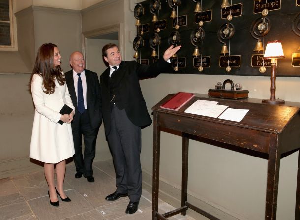 Catherine is shown the Downton Abbey servant's bells by actor Brendan Coyle (John Bates).