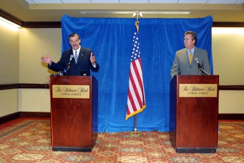 Then-Mexican President Vincente Fox (left) and Bush hold a press conference September 7, 2001, in Miami. Fox visited Florida to attend the Americas Conference and deliver a speech to speak about issues such as immigration.