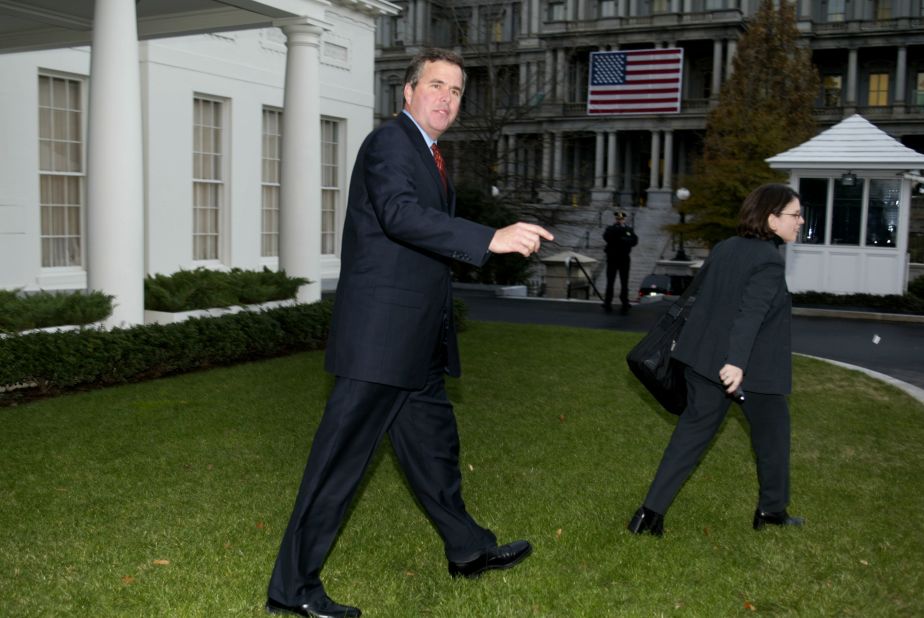 Bush walks out of the West Wing after meeting with his brother, then-President George W. Bush, at the White House January 9, 2002. Governor Bush participated in the signing ceremony of the Everglades Protection Agreement. 