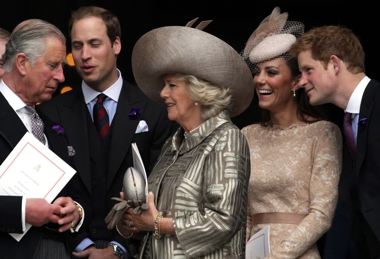 From left, Charles; Prince William; Camilla; Catherine, Duchess of Cambridge; and Prince Harry leave a Thanksgiving service in London in June 2012. William and Harry are Charles' sons from his first marriage.