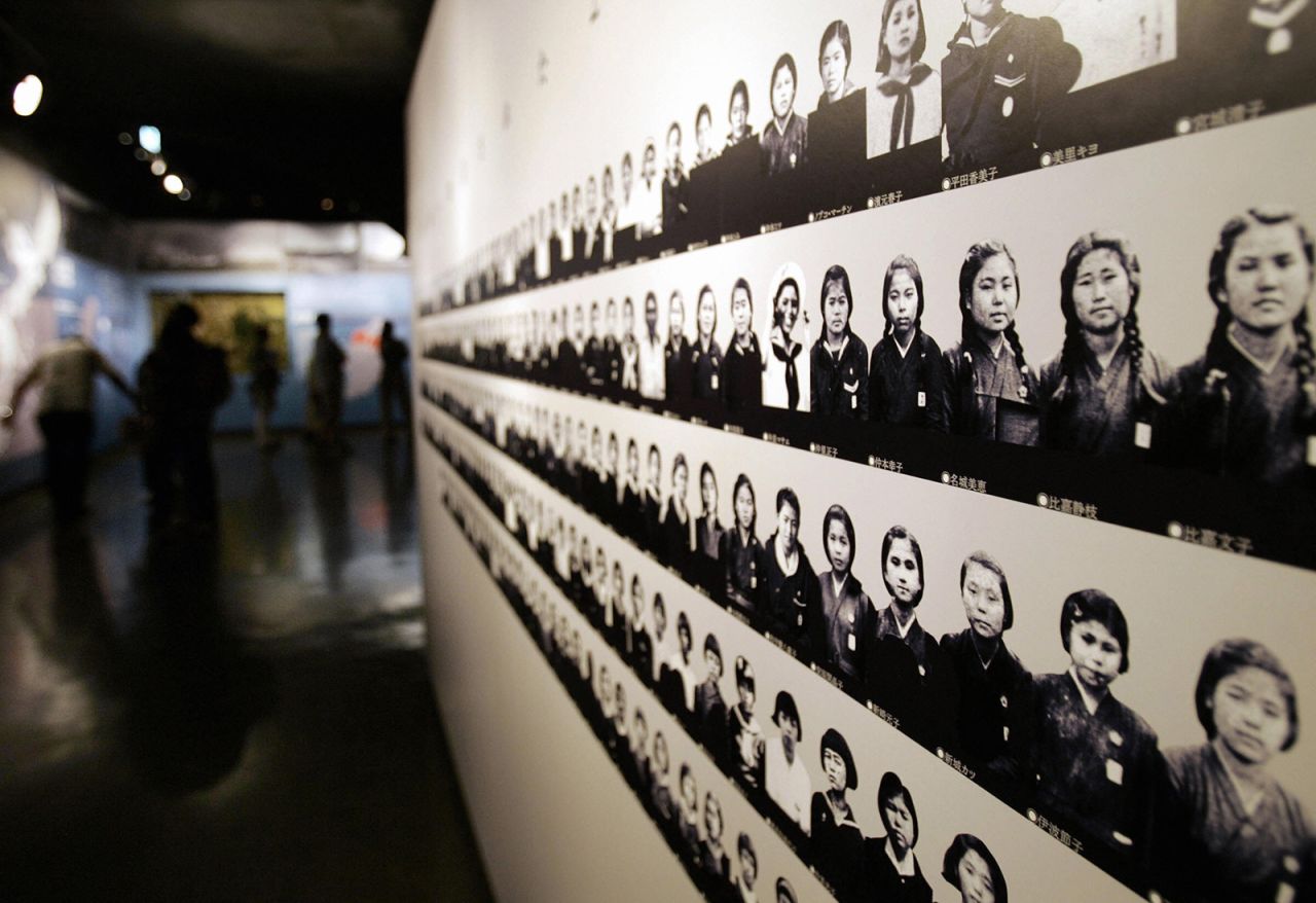 Portraits of members of Himeyuri unit are displayed at the Himeyuri Peace Momorial Museum.