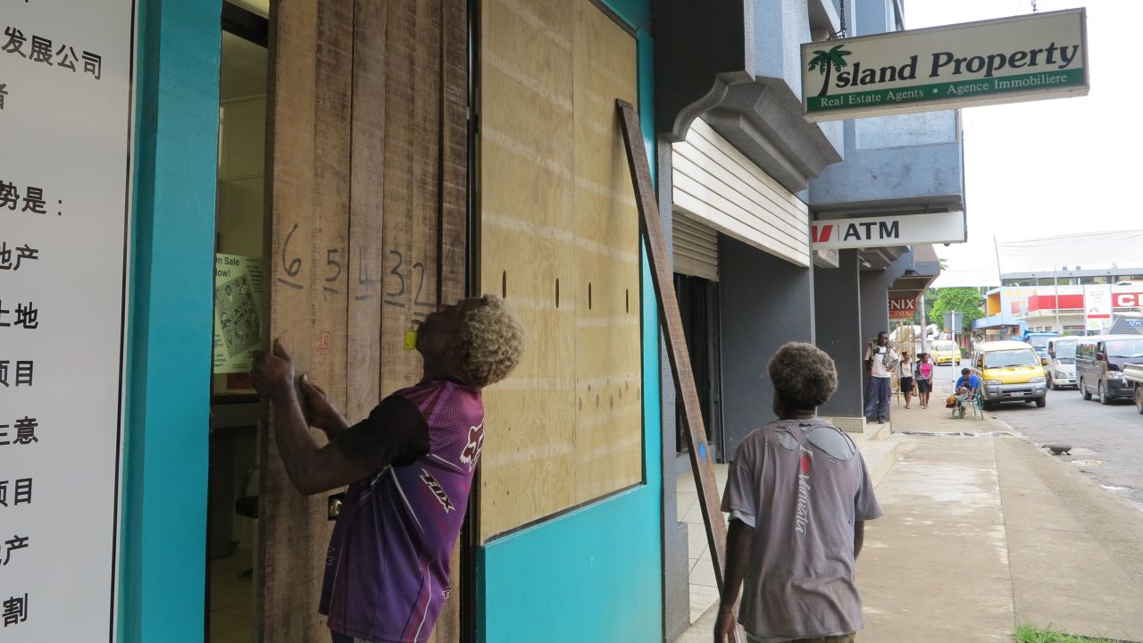 Shops are boarded up in Port Vila on Thursday, March 12.