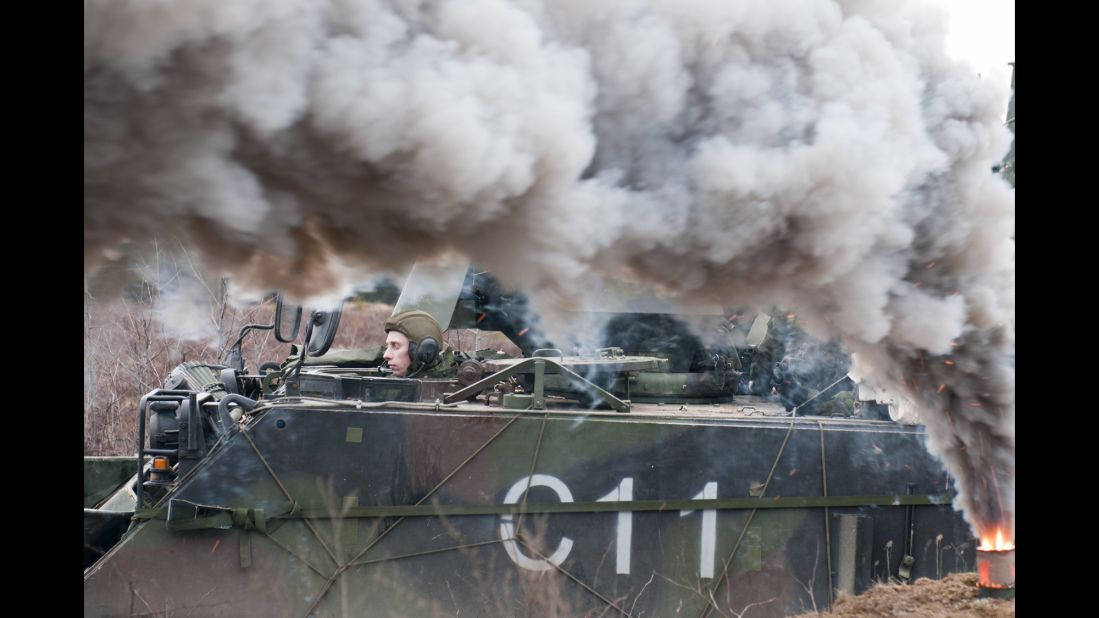 A Lithuanian soldier from 3rd Company, Algirdas Mechanized Infantry Battalion waits in an M113 armored personnel carrier during a combined live-fire exercise with U.S. troops at Pabrade training area, Lithuania, March 4, 2015. 