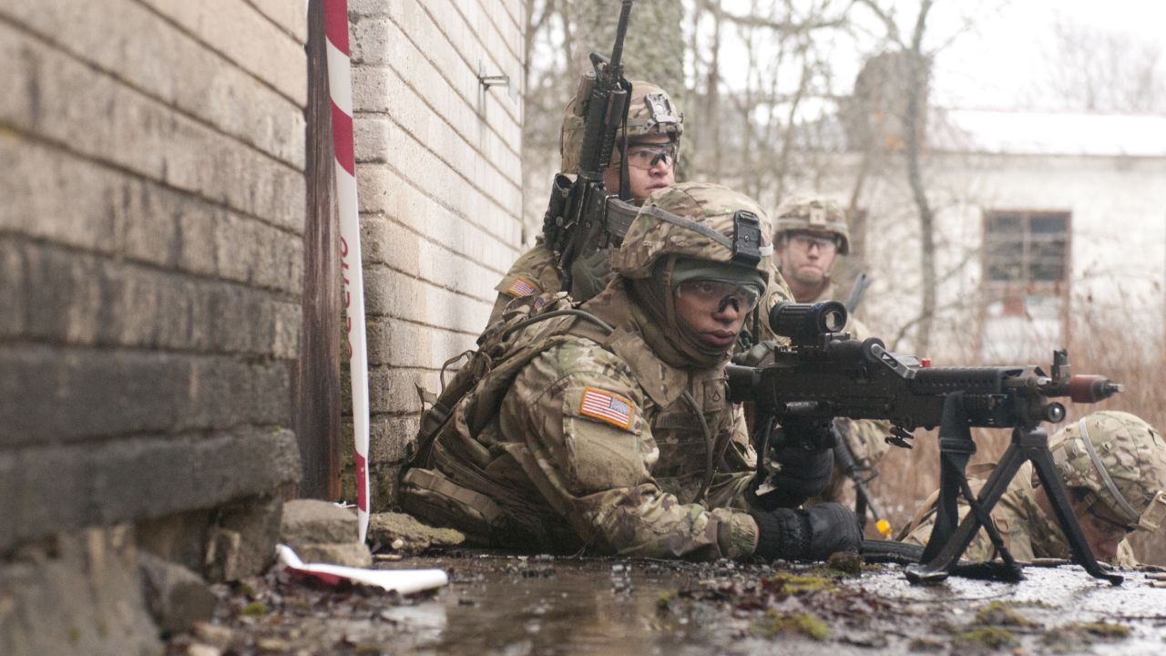 Dragoons from Iron Troop, 3rd Squadron, 2nd Cavalry Regiment, conduct a combined training exercise with Estonian soldiers in support of Operation Atlantic Resolve, March 7, 2015, in Rabassare, Estonia.