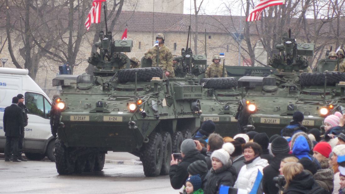 Soldiers of Iron Troop, 3rd Squadron, 2nd Cavalry Regiment rider Strykers through the Estonian Independence Day parade in February.  