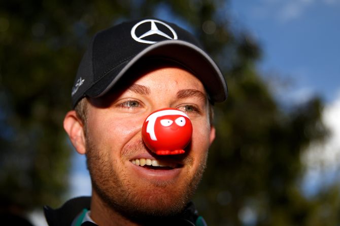 The Mercedes driver was all smiles afterwards, not just because of his first place in both of Friday's practice sessions. Rosberg along with other members of the German team sported red noses in support of Red Nose Day, a fundraising event organized by British-based Comic Relief.