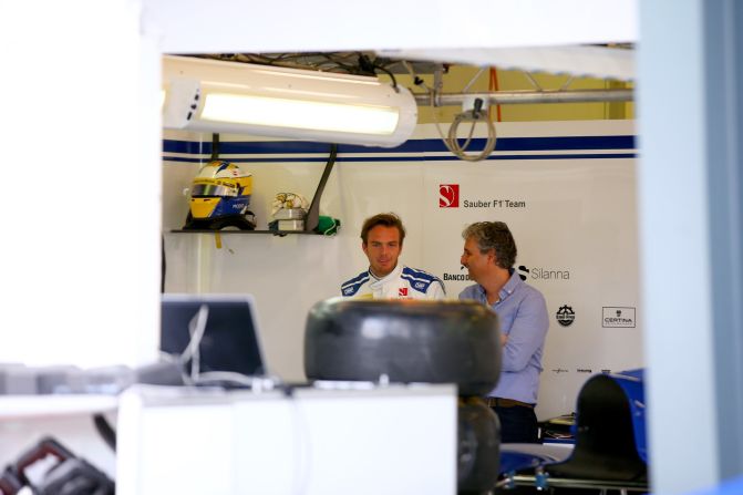 Giedo van der Garde seen here in the Sauber garage during Friday's practice session. The Dutch driver recently took the Swiss team to court saying they had reneged on a promise that he would be a lead driver in 2015. Van der Garde won the case and the appeal held earlier this week but did not appear on the track on Friday.  