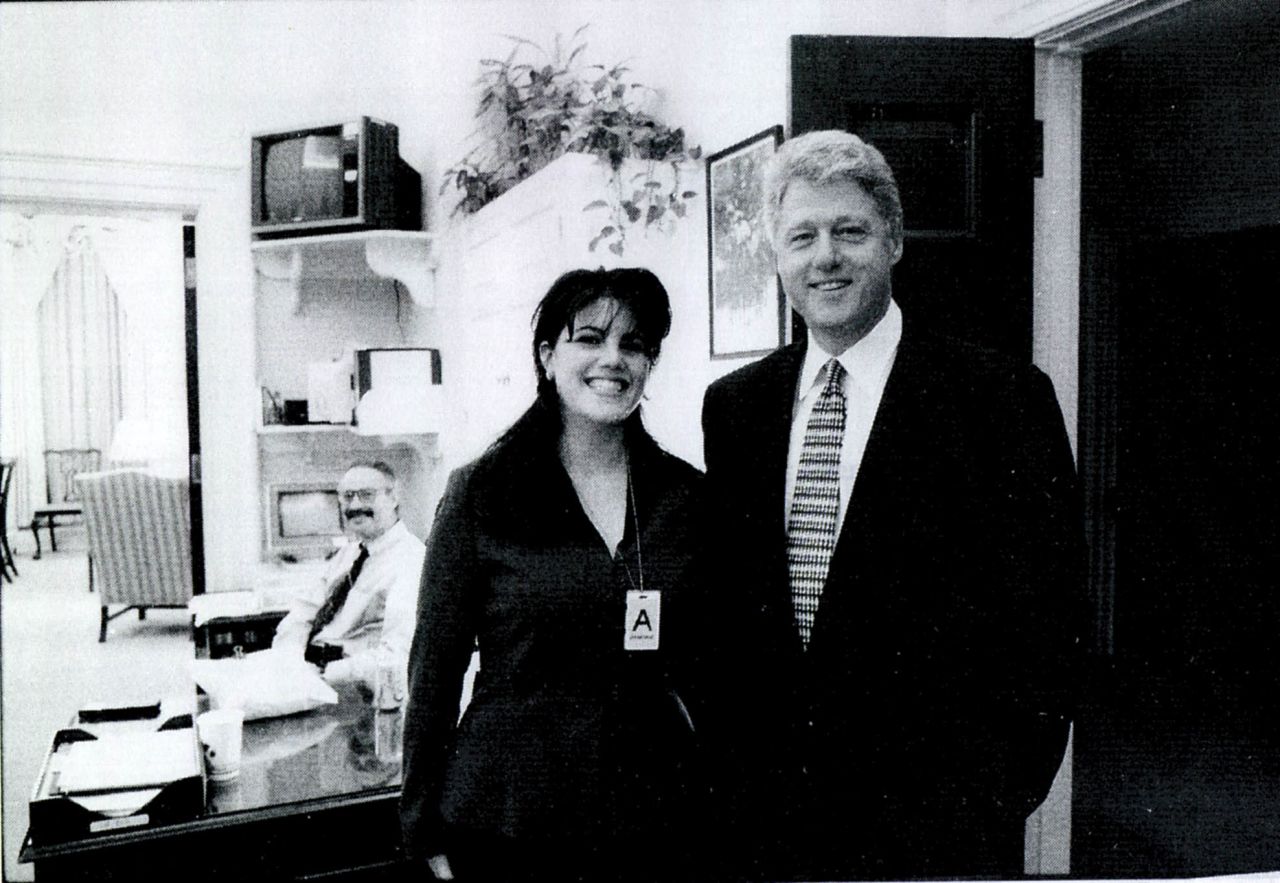 This image of White House intern Monica Lewinsky standing beside President Bill Clinton at a White House function on November 17, 1995 was used as evidence in Kenneth Starr's investigation into allegations of an inappropriate relationship between the intern and Clinton.