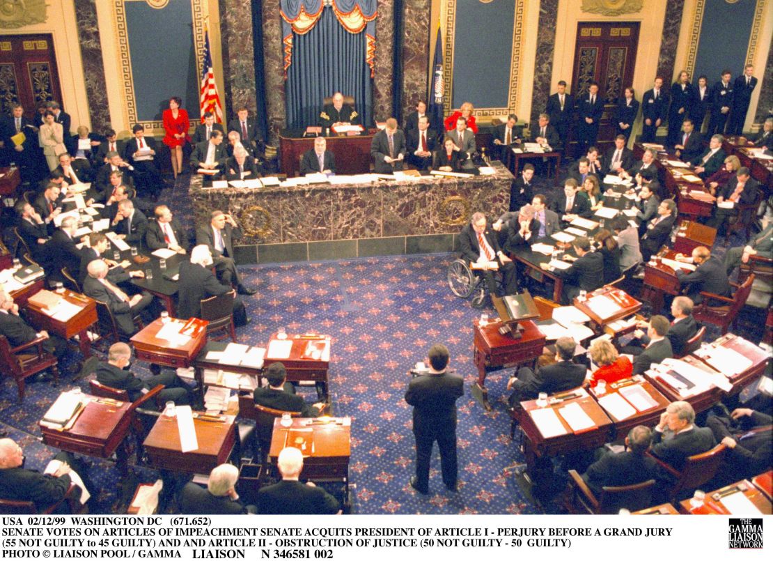 The Clinton impeachment trial on the Senate floor in Washington D.C. on February 12, 1999. Prompted by the Lewinsky sex scandal, the United States Senate acquitted him on February 12, 1999. 