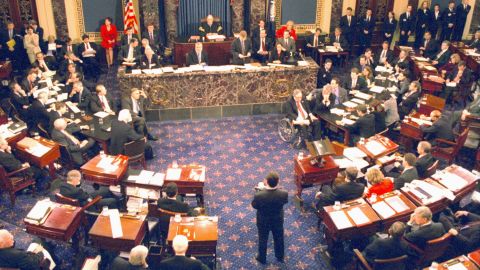 The Clinton impeachment trial on the Senate floor in Washington D.C. on February 12, 1999. Prompted by the Lewinsky sex scandal, the United States Senate acquitted him on February 12, 1999. 
