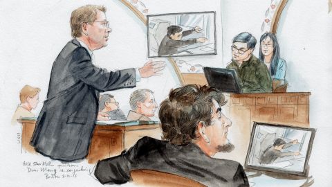 Prosecutor Mellin, left, and Dzhokhar Tsarnaev, center foreground.  