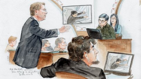 Prosecutor Mellin, left, and Dzhokhar Tsarnaev, center foreground.