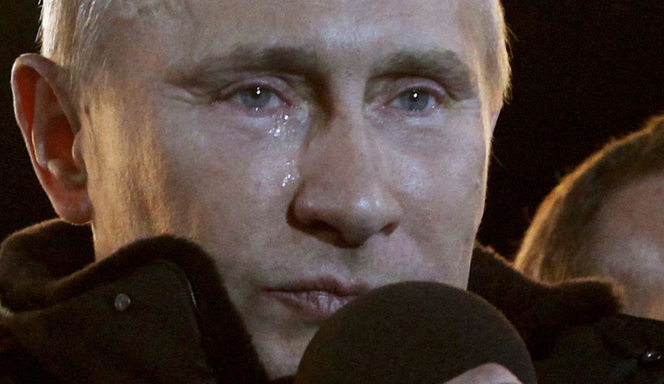 During a massive rally of his supporters in Moscow, tears run down Putin's face in March 2012 after he was elected President for a third term.