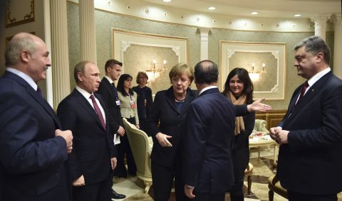Several world leaders gather in Minsk, Belarus, in February to negotiate a ceasefire to the fighting in Ukraine. Putin is second from left, next to Belarussian President Alexander Lukashenko on the far left. Ukrainian President Petro Poroshenko is on the far right. At center, German Chancellor Angela Merkel gestures in front of French President Francois Hollande. Fighting between Ukrainian troops and pro-Russian rebels in the country has left more than 6,000 people dead since mid-April, according to the United Nations.