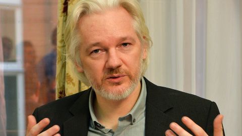 This file photo shows WikiLeaks founder Julian Assange during a press conference inside the Ecuadorian Embassy in London on August 18, 2014.