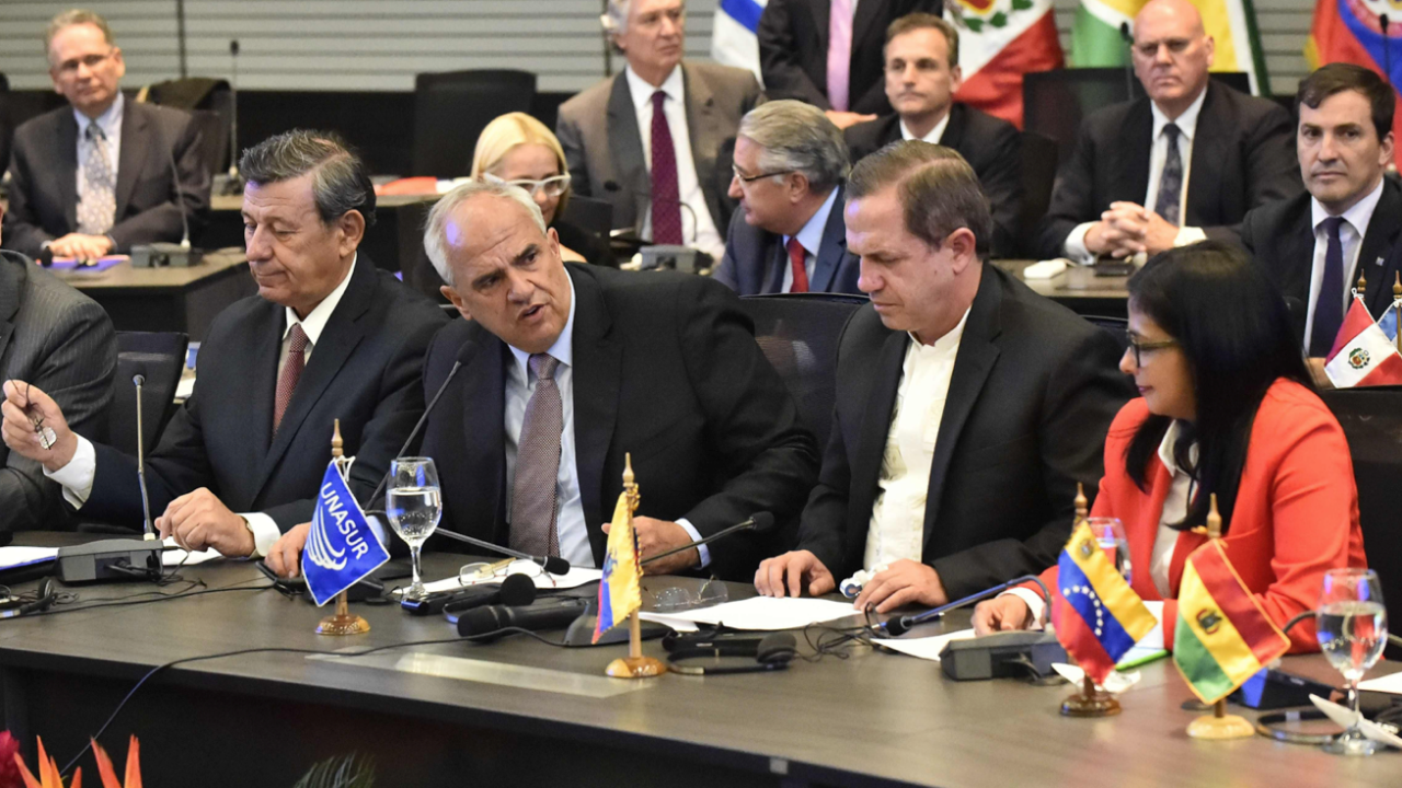 (L to R) Uruguay's Foreign Minister Rodolfo Nin Novoa, UNASUR's Secretary General Ernesto Samper, Ecuador's Foreign Minister Ricardo Patino and Venezuela's Foreign Minister Delcy Rodriguez during a press conference in the UNASUR meeting in Quito, on March 14, 2015. Ecuador called for an UNASUR special meeting to analize the US sanctions on Venezuela and dennounces of destabilization of the government of President Nicolas Maduro. AFP PHOTO / RODRIGO BUENDIA (Photo credit should read RODRIGO BUENDIA/AFP/Getty Images)