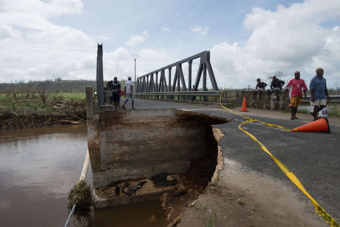 A bridge and road that suffered dramatic damage from Cyclone Pam are seen outside Port Vila, the capital of Vanuatu, on Sunday, March 15.