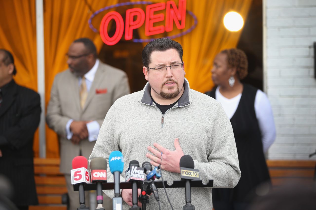 Ferguson, Missouri, Mayor James Knowles joins business owners to speak to the press outside a restaurant on March 14 in Ferguson, Missouri. The  business owners called the press conference to explain how the constant protests in the town have been detrimental to business. 