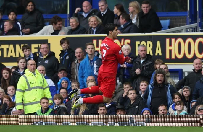 Another great striker, another diving celebration.<br /><br />Prior to the first Merseyside derby of the 2012/13 Premier League season, former Everton manager David Moyes criticized strikers like Luis Suarez for diving by saying that they were turning fans away from the game.<br /><br />Inevitably, a fired up Suarez scored. He then celebrated by running half the length of the pitch before throwing himself to the ground in front of Moyes with a huge grin on his face. All credit to Moyes, who saw the funny side of the celebration.
