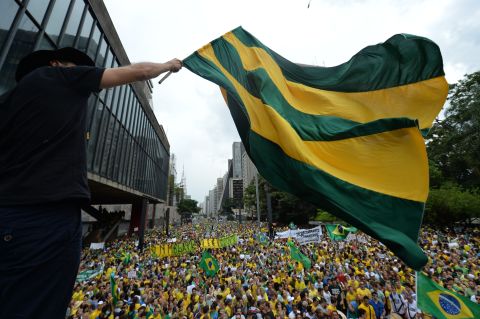 Demonstrators in Brazil protest against the government of President Dilma Rousseff in Paulista Avenue in Sao Paulo on March 15, 2015. 