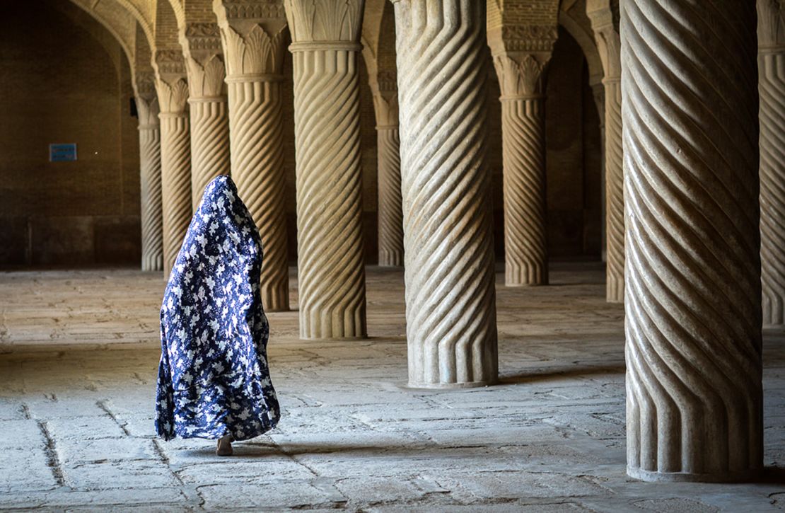 Zanzanaini wore a full chador when she toured the ancient corridors of Shiraz, Iran.