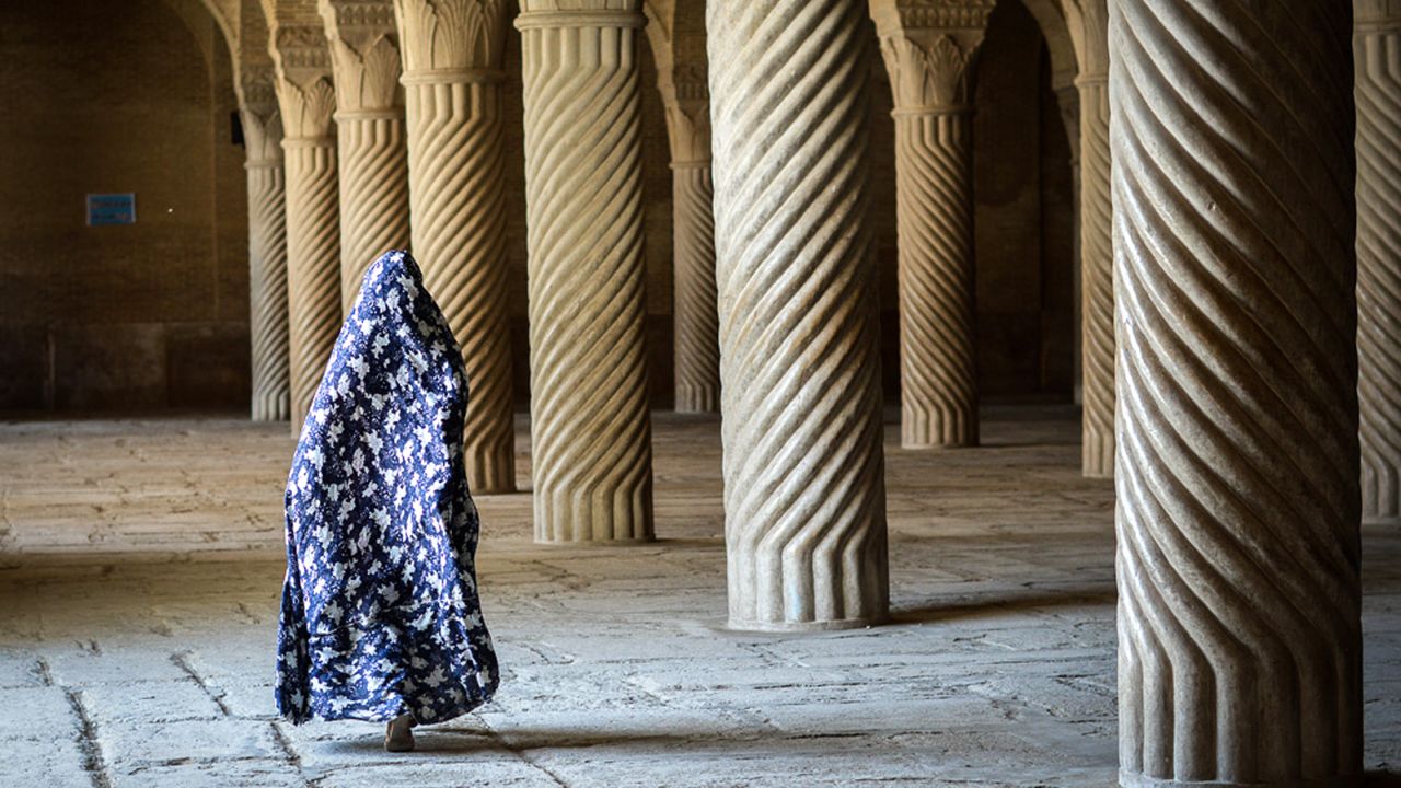 Zanzanaini wore a full chador when she toured the ancient corridors of Shiraz, Iran.