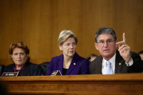 Senate Banking, Housing and Urban Affairs Committee members (right to left) Sen. Joe Manchin, Warren and Heidi Heitkamp participate in a hearing with then-Federal Reserve Bank Chairman, Ben Bernanke, after the release of The Semiannual Monetary Policy Report to the Congress on February 26, 2013, in Washington, D.C. 