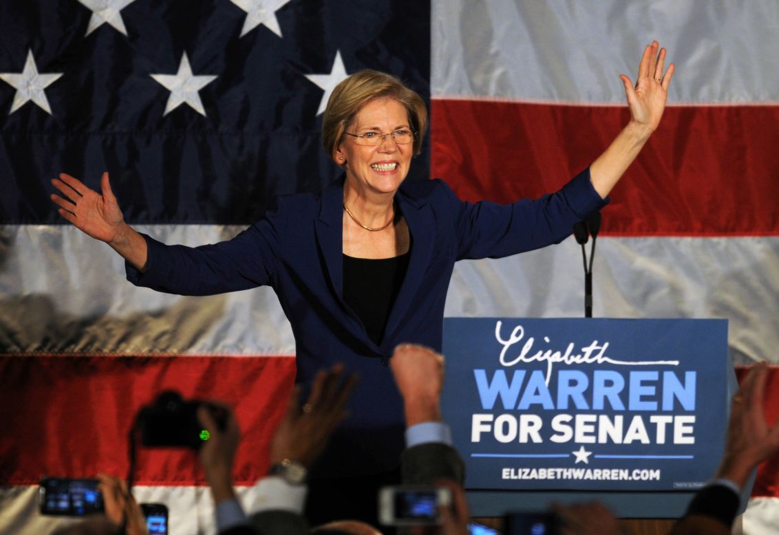 Warren takes the stage for her acceptance speech after beating the incumbent Sen. Scott Brown on November 6, 2012, in Boston, Massachusetts.