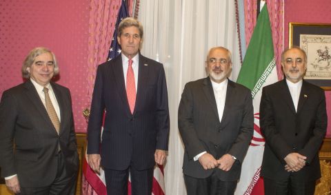 Kerry, second from left, meets Iranian Foreign Minister Mohammad Javad Zarif, second from right, for talks in Lausanne, Switzerland, on Monday, March 16. At the far left is U.S. Secretary of Energy Ernest Moniz. At the far right is Ali Akbar Salehi, head of Iran's Atomic Energy Organization.