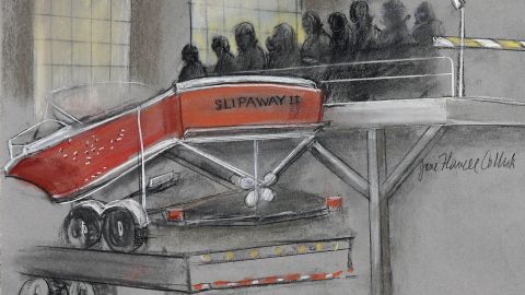 In this courtroom sketch, the boat in which Dzhokhar Tsarnaev was captured is depicted on a trailer for observation during Tsarnaev's federal death penalty trial Monday, March 16, 2015, in Boston. Tsarnaev is charged with conspiring with his brother to place two bombs near the Boston Marathon finish line in April 2013, killing three and injuring more than 260 people.