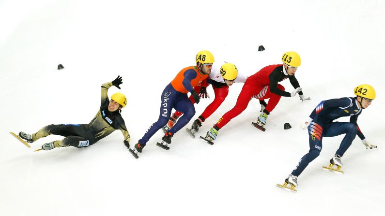 Japanese speedskater Hiroki Yokoyama falls to the ice during a 1,500-meter race held Saturday, March 14, at the Short Track World Championships in Moscow.