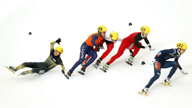 Japanese speedskater Hiroki Yokoyama falls to the ice during a 1,500-meter race held Saturday, March 14, at the Short Track World Championships in Moscow.