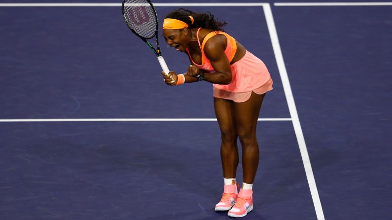Serena Williams celebrates Friday, March 13, during her second-round win over Monica Niculescu at the BNP Paribas Open in Indian Wells, California. Williams, the world's No. 1 player, <a href="index.php?page=&url=http%3A%2F%2Fwww.cnn.com%2F2015%2F03%2F14%2Fus%2Fserena-williams-indian-wells-return%2F" target="_blank">was emotional as she returned to an event she had boycotted since 2001.</a> Fourteen years ago, Williams and her sister were booed at the tournament, and her father told USA Today he was subjected to racial abuse. But in her first match back, Williams was welcomed with more than a minute of applause. "Receiving the love from the crowd here, it really meant a lot to me," she said.