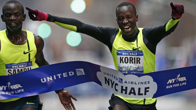 Leonard Korir of Kenya edges out his countryman, Stephen Sambu, to win the New York City Half Marathon on Sunday, March 15.