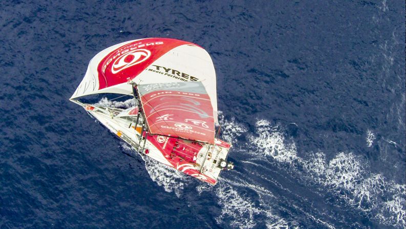 A birds-eye view captured from a GoPro camera attached to a drone of the Dongfeng Race Team as they compete in the 2014-15 Volvo Ocean Race.