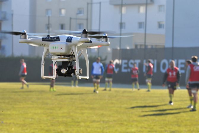 In rugby, drones have been used to improve player and tactical analysis. Here, the ASM Clermont Auvergne rugby squad take part in a training session as a drone films their every move.