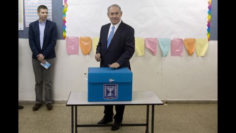 Netanyahu casts his vote in Jerusalem on March 17.