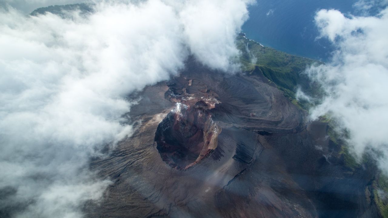 Flying over the Lopevi volcano, heading back towards Puerto Ayora, Vanuatu, in November.