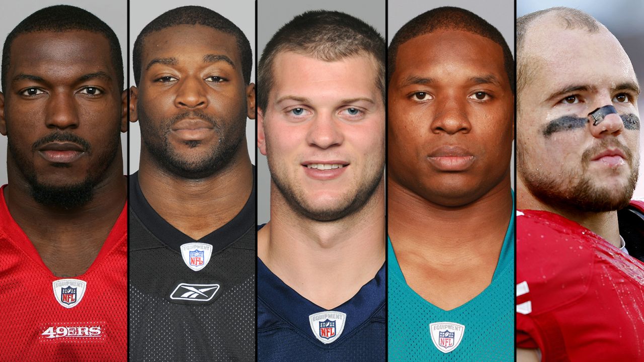 NFL players taking early retirement.   From left, San Francisco's Patrick Willis, Pittsburgh's Jason Worilds, Tennessee's Jake Locker, Oakland's Maurice Jones-Drew and 49er's linebacker Chris Borland surprised football fans recently with their early retirements.