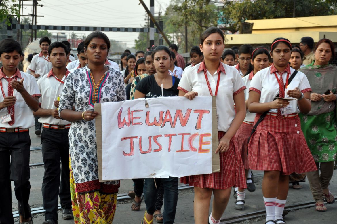 Students participate in a protest north of Kolkata on March 14.